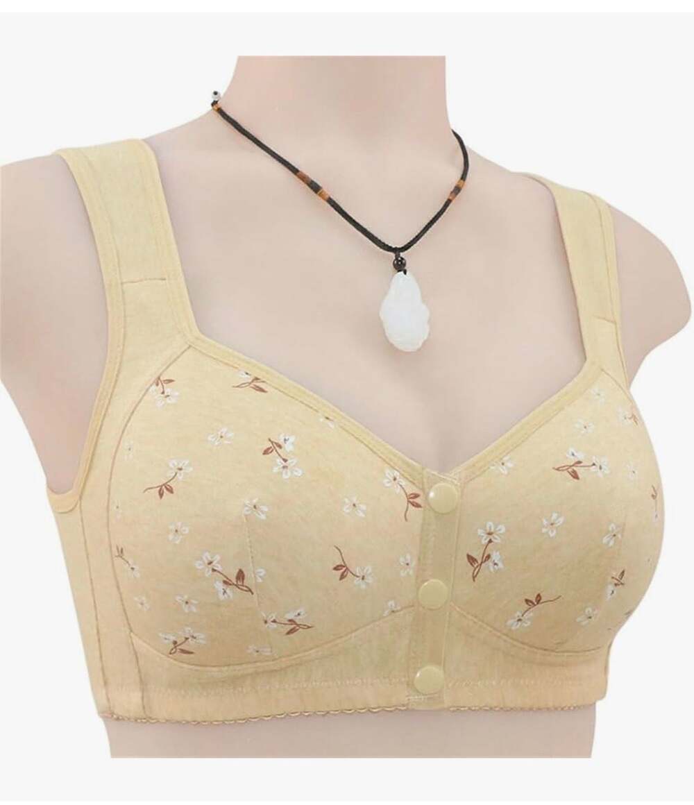 Women's Front Closure Wireless Bra with Floral Print, Beige, Size 36